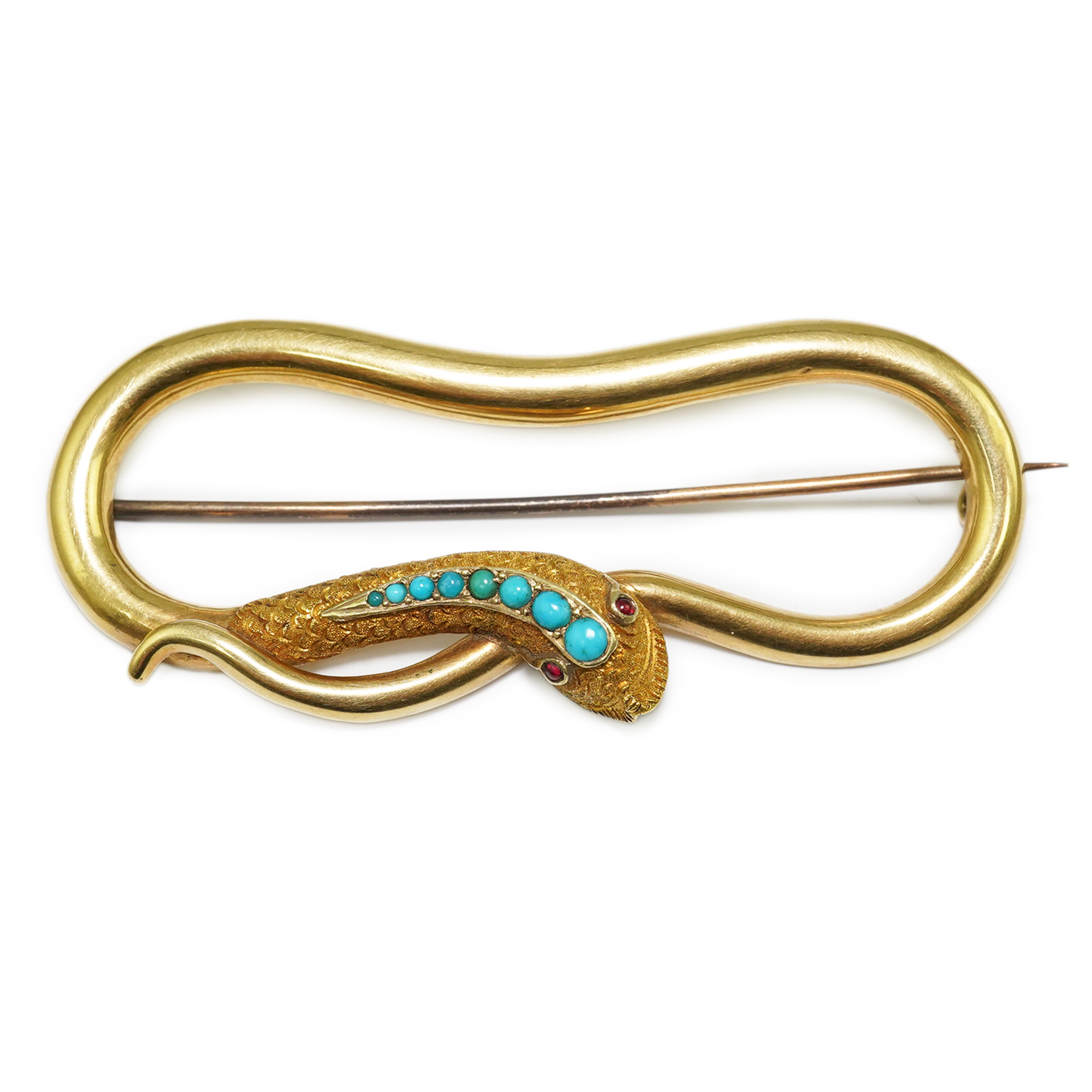 A Victorian gold, turquoise and cabochon gem set open work serpent brooch